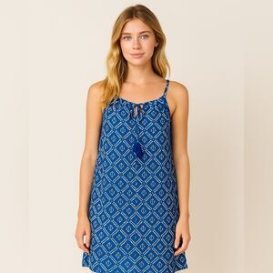 Jade Melody Tam Blue Cotton Lined Tassel Mini Dress S Boho Resort Chic coastal